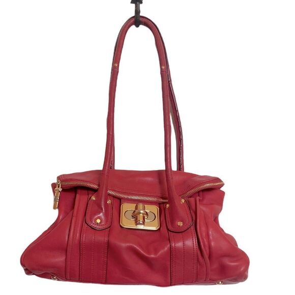 B. MAKOWSKY Red Leather Gold Hardware Tall Handles  Shoulder Bag Tote - Picture 1 of 12